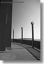 black and white, bridge, california, days, golden gate, golden gate bridge, lamps, national landmarks, san francisco, vertical, west coast, western usa, photograph