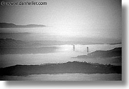 aerials, black and white, bridge, california, fog, golden gate, golden gate bridge, horizontal, national landmarks, san francisco, west coast, western usa, photograph