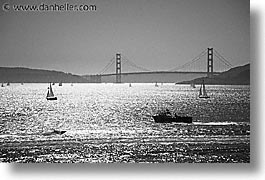 black and white, boats, bridge, california, golden gate, golden gate bridge, horizontal, national landmarks, san francisco, west coast, western usa, photograph