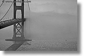 black and white, bridge, california, fog, golden gate, golden gate bridge, half, horizontal, national landmarks, san francisco, west coast, western usa, photograph