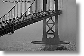 black and white, bridge, california, fog, golden gate, golden gate bridge, half, horizontal, national landmarks, san francisco, west coast, western usa, photograph
