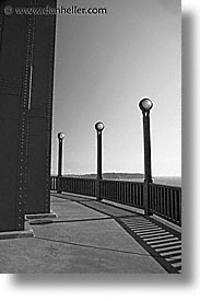 black and white, bridge, california, days, golden gate, golden gate bridge, lamps, national landmarks, san francisco, vertical, west coast, western usa, photograph