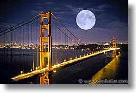 bridge, california, golden gate, golden gate bridge, horizontal, moon, national landmarks, san francisco, west coast, western usa, photograph