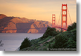 bridge, california, golden gate, golden gate bridge, horizontal, national landmarks, san francisco, trees, west coast, western usa, photograph