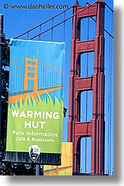 bridge, california, golden gate, golden gate bridge, huts, national landmarks, san francisco, signs, vertical, warming, west coast, western usa, photograph