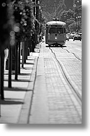 black and white, california, embarcadero, san francisco, tram, vertical, west coast, western usa, photograph