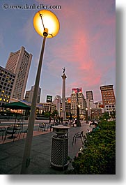 california, cityscapes, dusk, lamp posts, nite, san francisco, slow exposure, union square, vertical, west coast, western usa, photograph