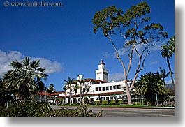 blues, buildings, california, clock tower, colors, horizontal, santa barbara, west coast, western usa, photograph