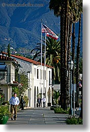 blues, buildings, california, colors, flags, nature, palm trees, plants, santa barbara, sidewalks, trees, vertical, west coast, western usa, photograph