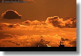 california, clouds, flash, green, horizontal, nature, oil rig, santa barbara, sky, structures, sun, sunsets, west coast, western usa, photograph