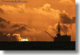 california, clouds, flash, green, horizontal, nature, oil rig, santa barbara, sky, structures, sun, sunsets, west coast, western usa, photograph