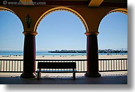 arches, archways, beaches, benches, boardwalk, california, furniture, horizontal, pillars, santa cruz, structures, west coast, western usa, photograph