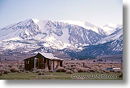 barn, california, horizontal, houses, land, mountains, sierras, snow, west coast, western usa, photograph
