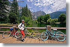 bicycles, bikes, bridge, california, colorful, horizontal, jills, nature, people, structures, transportation, water, waterfalls, west coast, western usa, womens, yosemite, photograph