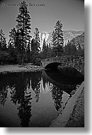 black and white, bridge, california, forests, half dome, merced, reflections, rivers, structures, vertical, west coast, western usa, yosemite, photograph