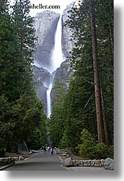 california, falls, nature, paths, slow exposure, trees, vertical, walkers, water, waterfalls, west coast, western usa, yosemite, yosemite falls, photograph