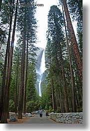 california, falls, nature, paths, slow exposure, trees, vertical, walkers, water, waterfalls, west coast, western usa, yosemite, yosemite falls, photograph