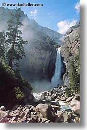 california, falls, nature, rocks, trees, vertical, water, waterfalls, west coast, western usa, yosemite, yosemite falls, photograph