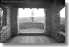 black and white, buildings, california, horizontal, huts, materials, stones, structures, trees, views, west coast, western usa, windows, yosemite, photograph
