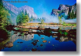 california, el capitan, fog, horizontal, logs, merced, mountains, nature, plants, reflections, rivers, trees, west coast, western usa, yosemite, photograph