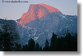 california, half dome, horizontal, mountains, nature, sky, snow, sun, sunsets, west coast, western usa, yosemite, photograph