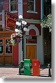 canada, flowers, gastown, lamp posts, vancouver, vertical, photograph