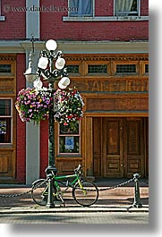 canada, flowers, gastown, lamp posts, vancouver, vertical, photograph