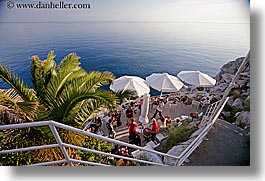 cafes, cliff cafe, cliffs, croatia, dubrovnik, europe, horizontal, ocean, people, umbrellas, photograph