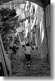black and white, croatia, dubrovnik, europe, narrow streets, people, stairs, vertical, photograph