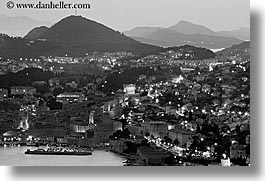 black and white, cityscapes, croatia, dubrovnik, europe, harbor, horizontal, long exposure, ocean, sunsets, photograph