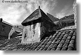 black and white, croatia, dubrovnik, europe, horizontal, rooftops, town view, photograph