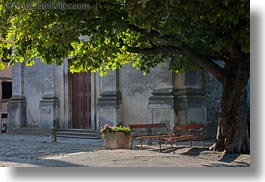 benches, cobblestones, croatia, europe, flowers, groznjan, horizontal, illuminated, leaves, materials, stones, photograph