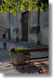benches, cobblestones, croatia, europe, flowers, groznjan, illuminated, leaves, materials, stones, vertical, photograph