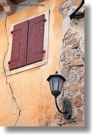 croatia, europe, groznjan, lamp posts, perspective, upview, vertical, windows, photograph