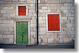 croatia, doors, europe, green, horizontal, korcula, red, windows, photograph