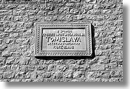 black and white, croatia, europe, horizontal, korcula, plaques, signs, tomislava, photograph