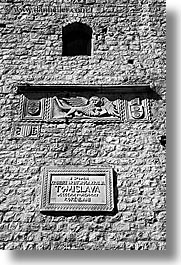 black and white, croatia, europe, korcula, plaques, signs, tomislava, vertical, photograph