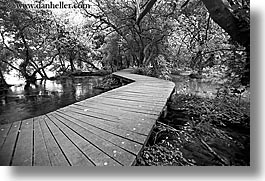 black and white, boardwalk, croatia, europe, forests, horizontal, krka, slow exposure, photograph