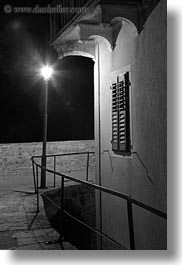 black and white, croatia, europe, glow, lamp posts, lights, long exposure, motovun, nite, nitr, vertical, photograph