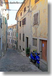 blues, cobblestones, croatia, europe, materials, moped, motovun, narrow, narrow streets, stones, streets, towns, vertical, photograph