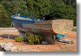 blues, boats, croatia, europe, flowers, horizontal, old, punta kriza, yellow, photograph