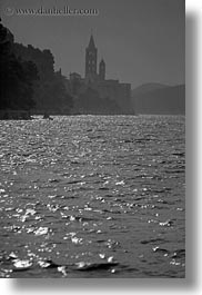 bell towers, black and white, blessed, buildings, churches, croatia, europe, rab, religious, st mary, st mary cathedral, structures, towers, vertical, photograph