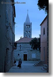 bell towers, buildings, churches, croatia, dusk, europe, rab, religious, st mary cathedral, structures, towers, vertical, walking, photograph