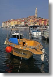 bell towers, boats, buildings, croatia, europe, ravinj, rovinj, structures, towers, towns, transportation, vertical, photograph