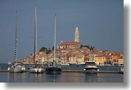 bell towers, boats, buildings, croatia, europe, horizontal, ravinj, rovinj, structures, towers, towns, transportation, photograph