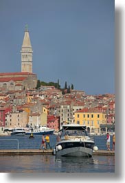 bell towers, boats, buildings, croatia, europe, ravinj, rovinj, structures, towers, towns, transportation, vertical, photograph