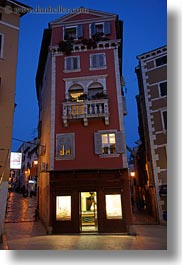 buildings, croatia, dusk, europe, narrow, red, rovinj, tall, vertical, photograph
