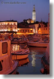 bell towers, boats, buildings, croatia, dusk, europe, glow, harbor, lights, nature, rovinj, sky, slow exposure, structures, sun, sunsets, towers, transportation, vertical, photograph