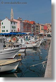 bell towers, boats, buildings, croatia, europe, harbor, rovinj, structures, towers, towns, transportation, vertical, photograph