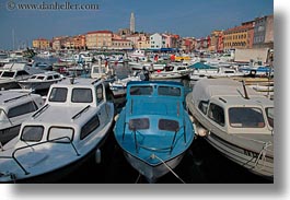 bell towers, boats, buildings, croatia, europe, harbor, horizontal, rovinj, structures, towers, towns, transportation, photograph